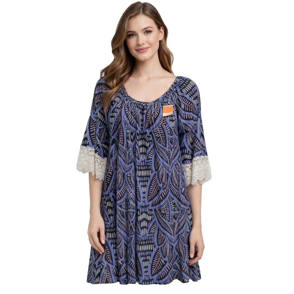 West Loop BOHO Festival Tunic Top Womens Size Medium Blue Floral Lace Detail